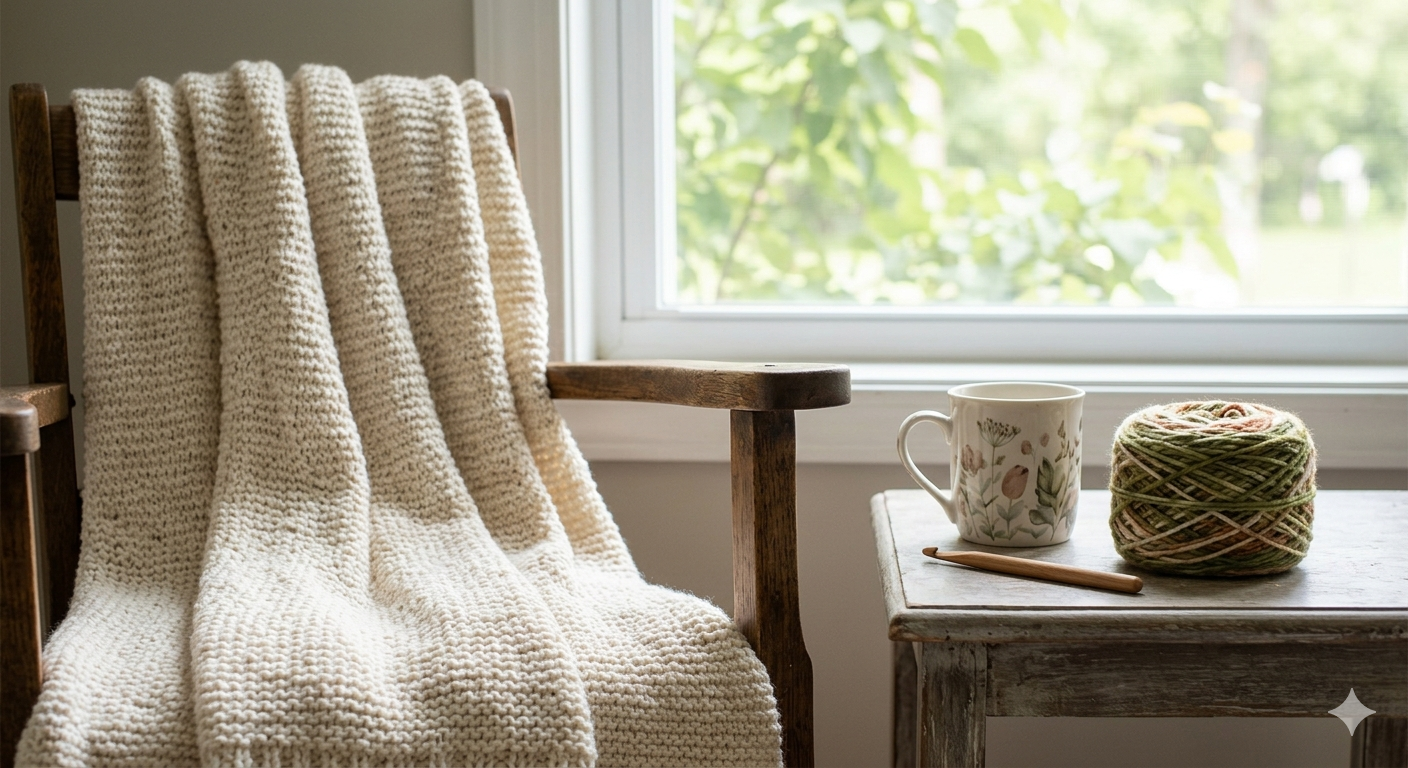 Cream crochet blanket draped over a wooden chair beside a mug and ball of yarn.