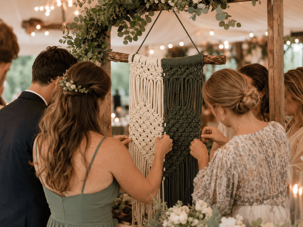 Wedding guests adding knots to a macramé wall hanging during the Tie the Knot experience.